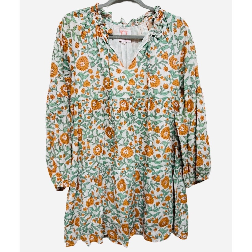 Victoria Dunn White Floral Long Sleeve Tunic Dress with Orange and Green Print